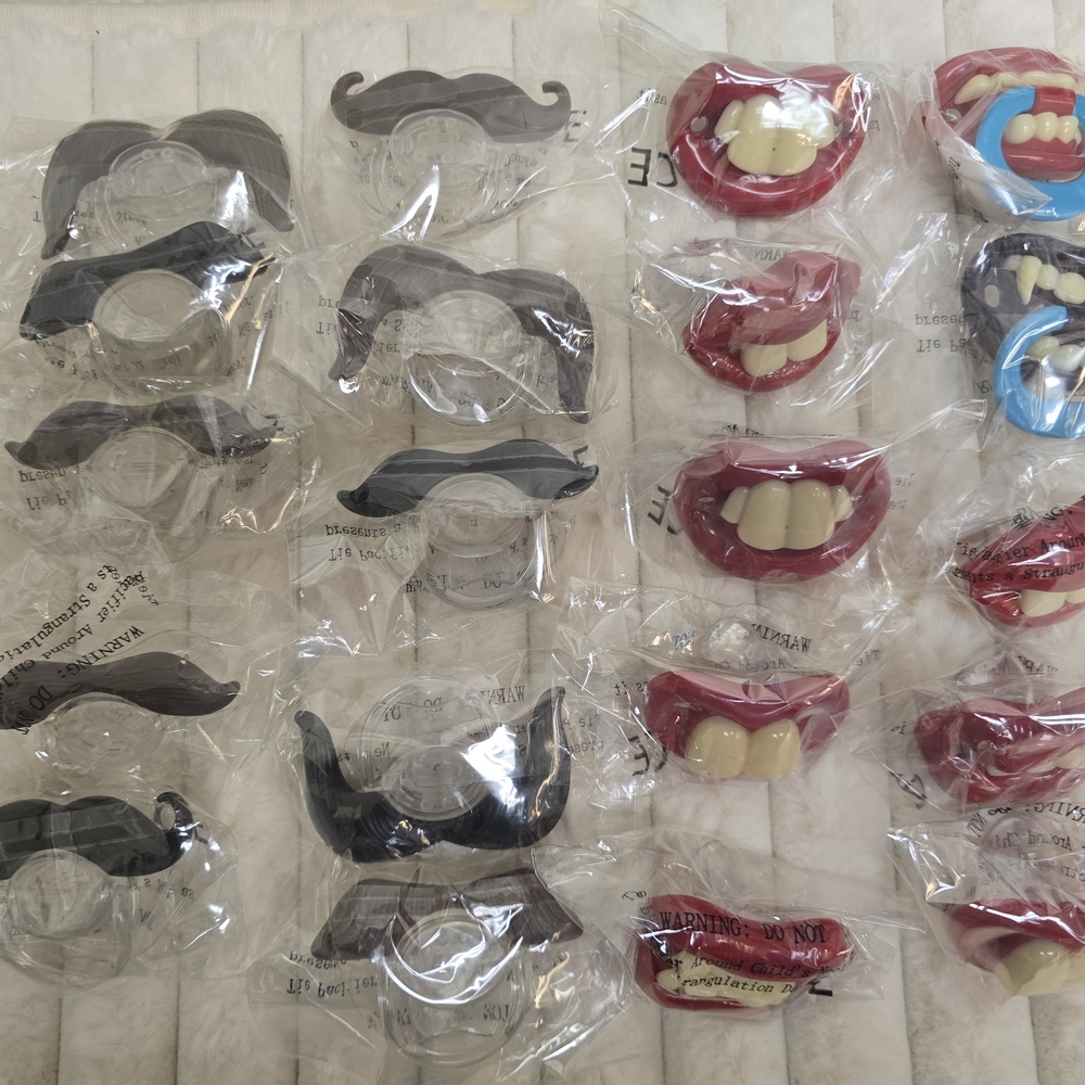 Novelty Kids Pacifier Set - Red and Black Funny Mouth & Mustache Designs